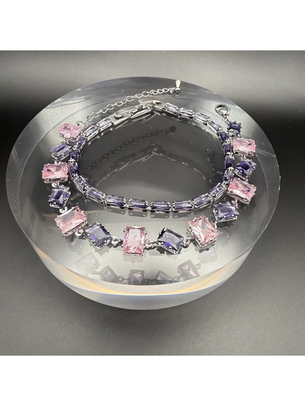 candy+clover amethyst and pink crystal 1white gold plated bracelet stack